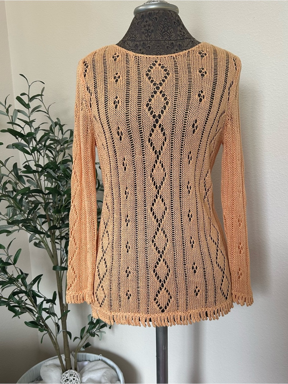 Sigrid Olsen Peach Open-Knit Crewneck Sweater